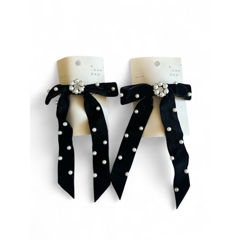 2 Piece A New Day Black Velvet & Pearl Hair Bow Clip New Woman’s Girls $16 Value
